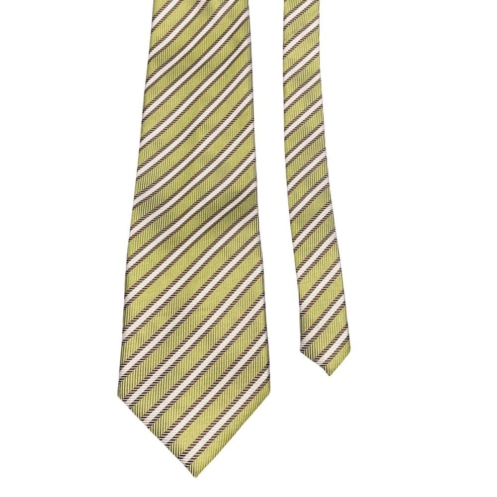 Ermenegildo Zegna Silk Blend Striped Necktie‎ Lime Green Brown White Suit Tie